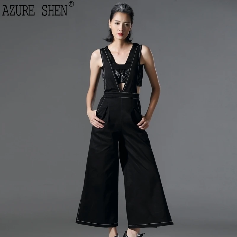 [AZURESHEN] Tailor-made New Summer 2018 Fashion  Personality Cowboy Straps Wide Leg Long Pants Ntwo Pockets All-match AZ00141S