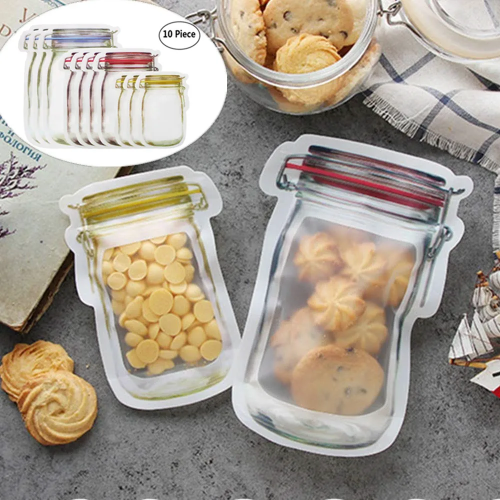 

10pcs Reusable Snack Saver Bag Sugar Pots Nuts Candy Cookies Bag Snacks Zipper Sealed Kitchen Organizer for Travel