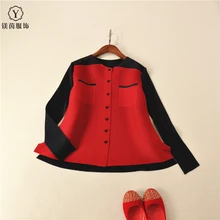 FREE SHIPPING pleated long-sleeve short jacket spring and autumn o-neck color block decoration small buttons coat IN STOCK