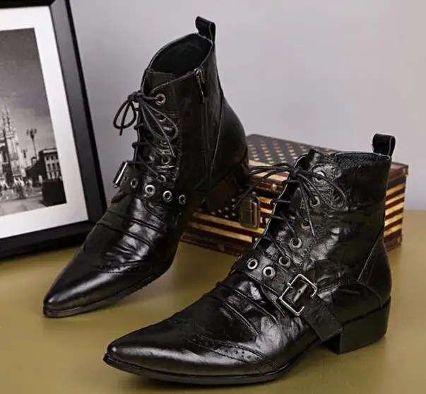 Для мужчин S черный кожаные сапоги модные дизайнерские шнуровкой Туфли с ремешком и пряжкой острый носок короткие мотоботы Для мужчин EU38-46
