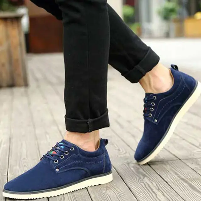 Winter Nice Casual Flat Shoes Men Genuine Leather Deep Blue Khaki