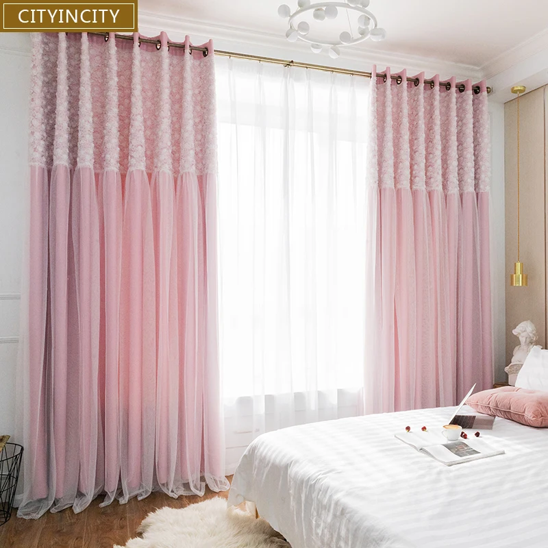  CITYINCITY Blackout + LACE Curtains For Living room Double layer elegant white Small daisy Lace kid - 33034587933