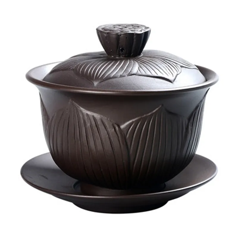 

Purple Clay Embossed Lotus Gaiwan Health Raw Ore Zisha Teaware Home Kung Fu Tea Set Tieguanyin Black Tea Teapot