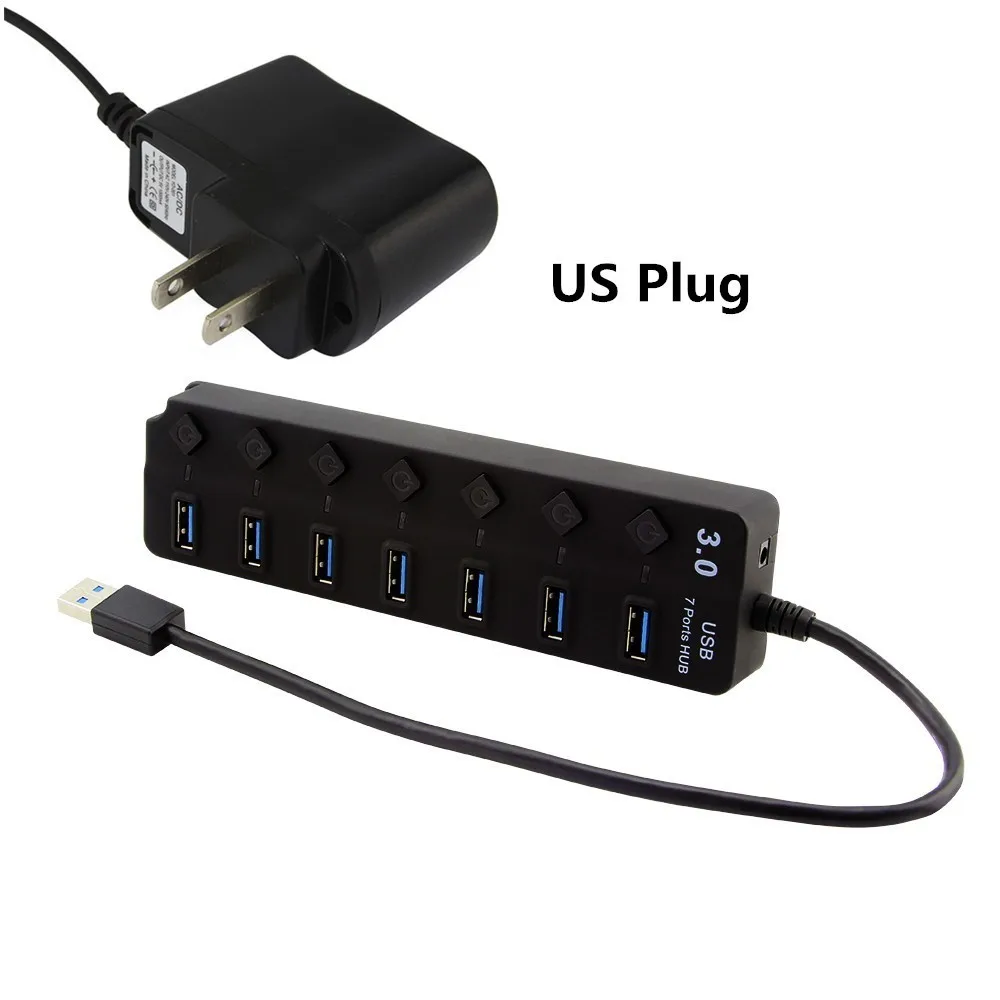 Hub with US Adapter USB chyi 3,0 концентратор USB-A до 7 портов USB концентратор с DC 5 В/2A питание светодиодный вкл/выкл переключатель USB 3,0 сплиттер адаптер для ПК ноутбука - Цвет: Hub with US Adapter