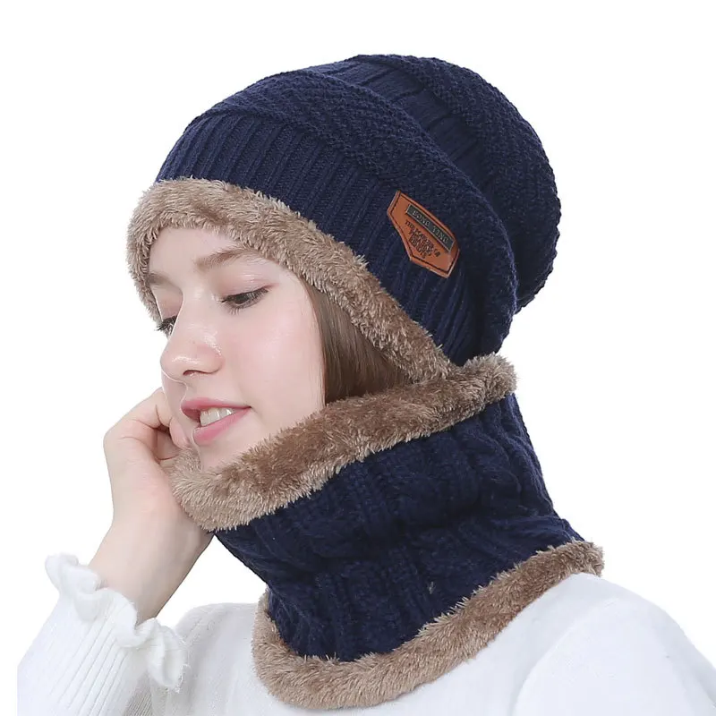 

2018 Winter Hat Scarf Set Unisex Solid Knit Beanies Plus Velvet Hat Men Cap Women Warm Thicken Hedging Cap Ski Soft Ring Scarf