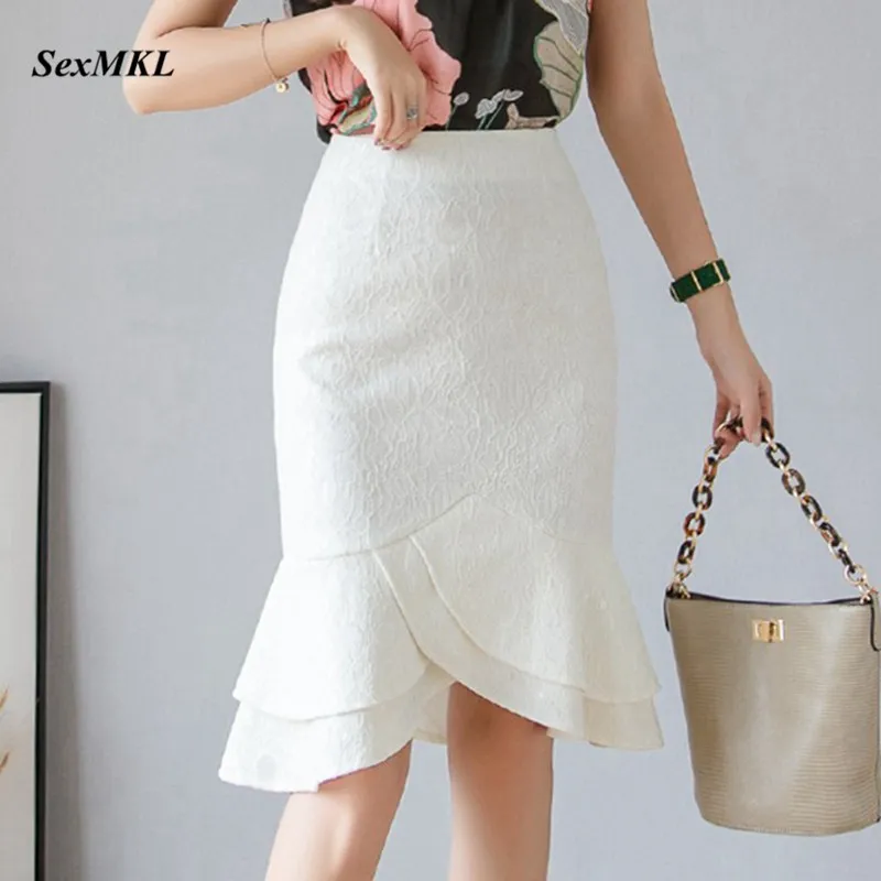 

SEXMKL Plus Size White Lace Skirt Women 2019 Summer High Waist Black Skirts Sexy Office Lady Ruffles Pencil Skirt Jupe Femme