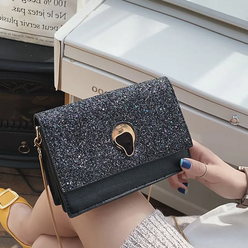 

2019 New Casual Style Sequined Chain Mini Flap Women Shoulder Bag Fashion PU Leather Envelope Cross Body Messenger Handbag Purse
