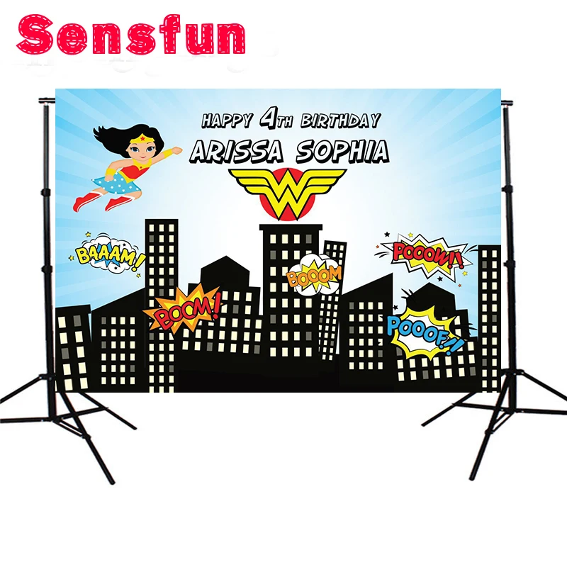 

Polyester Wonderwomen Newborn Backdrops Cartoon Superhero Buildings Photography Background Studio Photo Props 5x3ft
