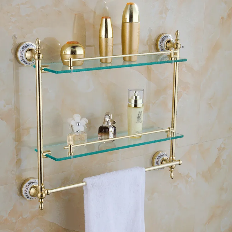 accessori per il bagno in ottone massiccio finitura oro con vetro temperato doppia mensola di