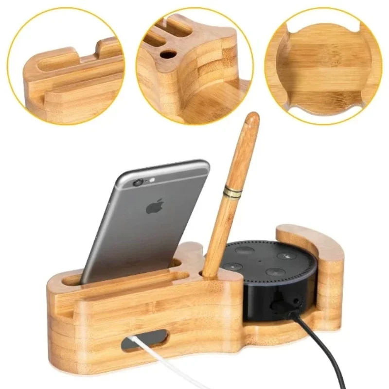 Multifunctional 4 in 1 Natural Bamboo Wood Stand for Amazon Echo