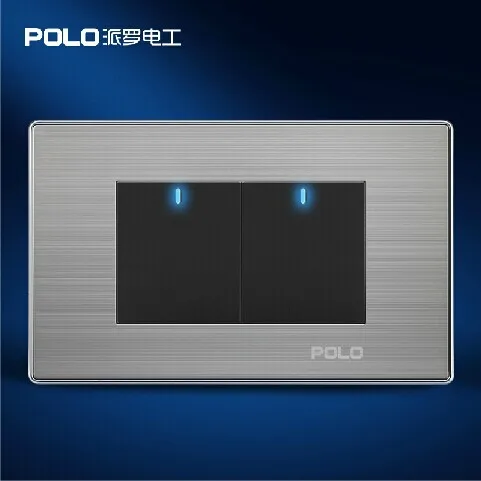 

Free Shipping, POLO Luxury Wall Light Switch Panel, 2 Gang 1 Way Switch, Push Button LED Switch, 10A, 110~250V, 220V