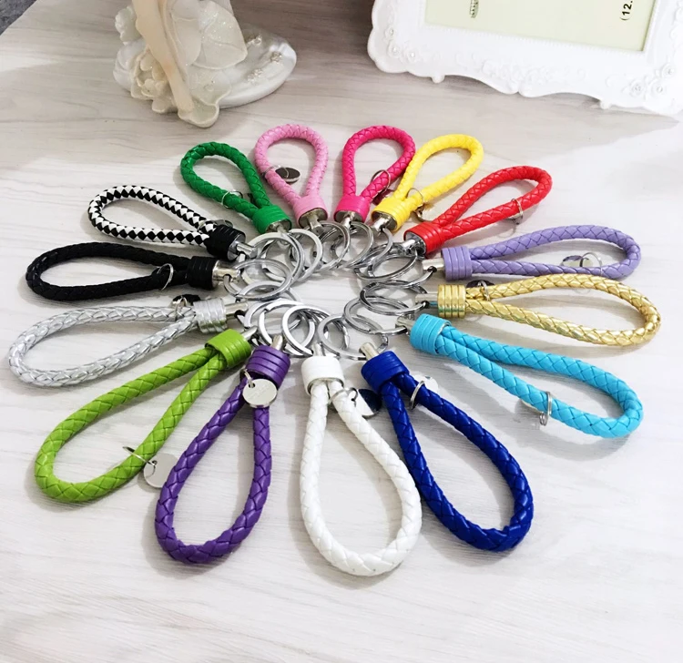 15 colores moda PU cuero cuerda tejida llavero Metal llavero hombres mujeres llavero cadena anillo coche Llaveros bolso colgante encanto