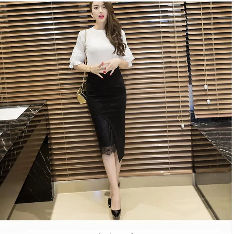 2019 New Sexy bag Hip Curved Skirt lace Professional Skirt Female Stitching High Waist Stretch Skirt S-5XL (7)