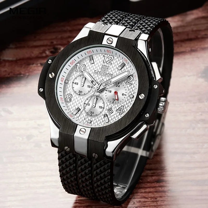 MEGIR, черный кожаный топ, роскошный бренд, модные кварцевые мужские часы из нержавеющей стали с 3 стрелками, мужские часы, деловые спортивные мужские часы