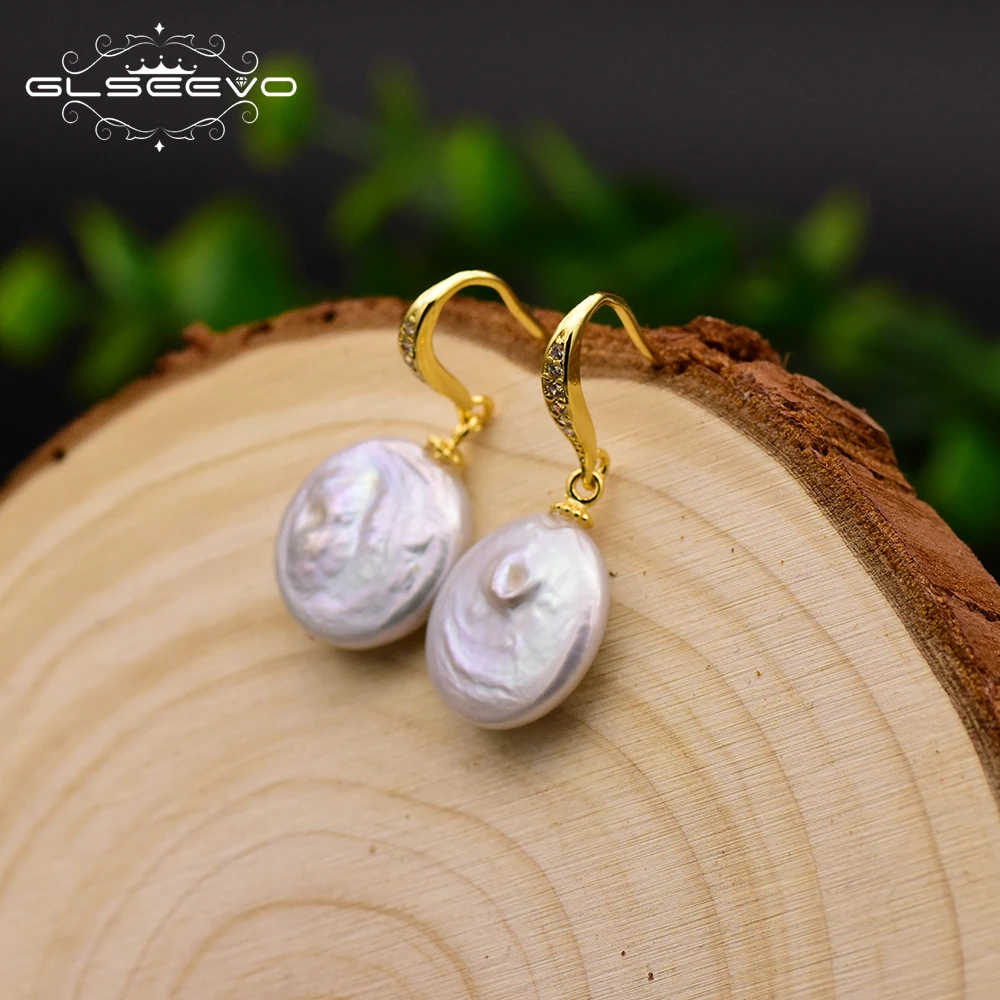 

GLSEEVO Natural Baroque Round Flat Pearl Drop Earrings For Women 925 Sterling Silver Dangle Earrings Luxury Fine Jewelry GE0629