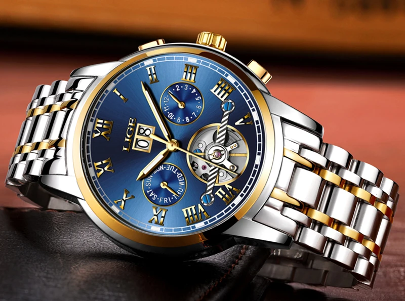 Топ Элитный бренд LIGE для мужчин s часы автоматические механические часы Полный сталь Бизнес водонепроницаемые спортивные часы Relogio Masculino