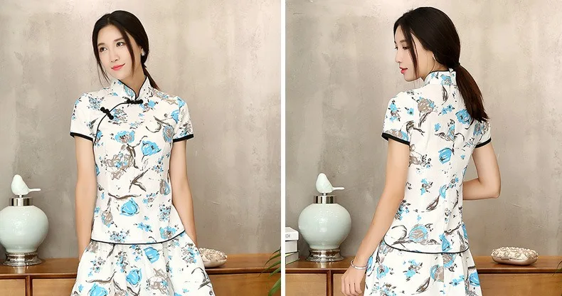 Шанхай история Мандарин воротник женская Qipao рубашка Китайский Топ короткий рукав cheongsam Топ Традиционный китайский льняная блузка