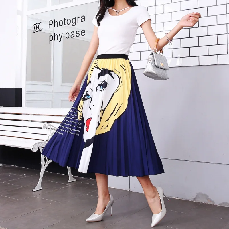 New Fashion Floral Print High Waist Elastic Streetwear Summer Skirts Women Pleated Mid-Calf Swing Party Skirt Indie Folk