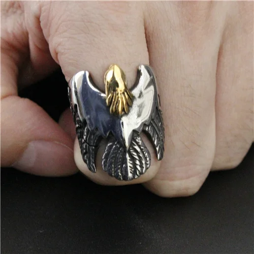 

Newest Style Polishing Silver and Gold Biker Eagle Ring Top Quality 316L Stainless Steel Cool Mens Ring