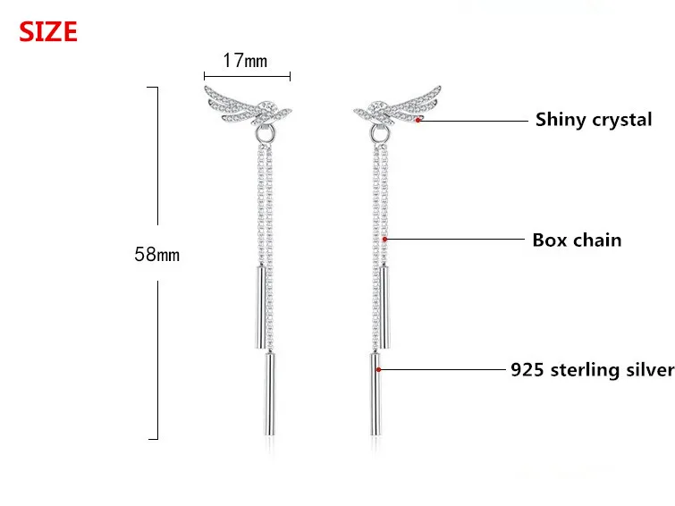 Стерлингового серебра 925 модные ангельские крылья Блестящий Кристалл женские кисточки серьги гвоздики ювелирные изделия для женщин подарок на день рождения анти аллергия