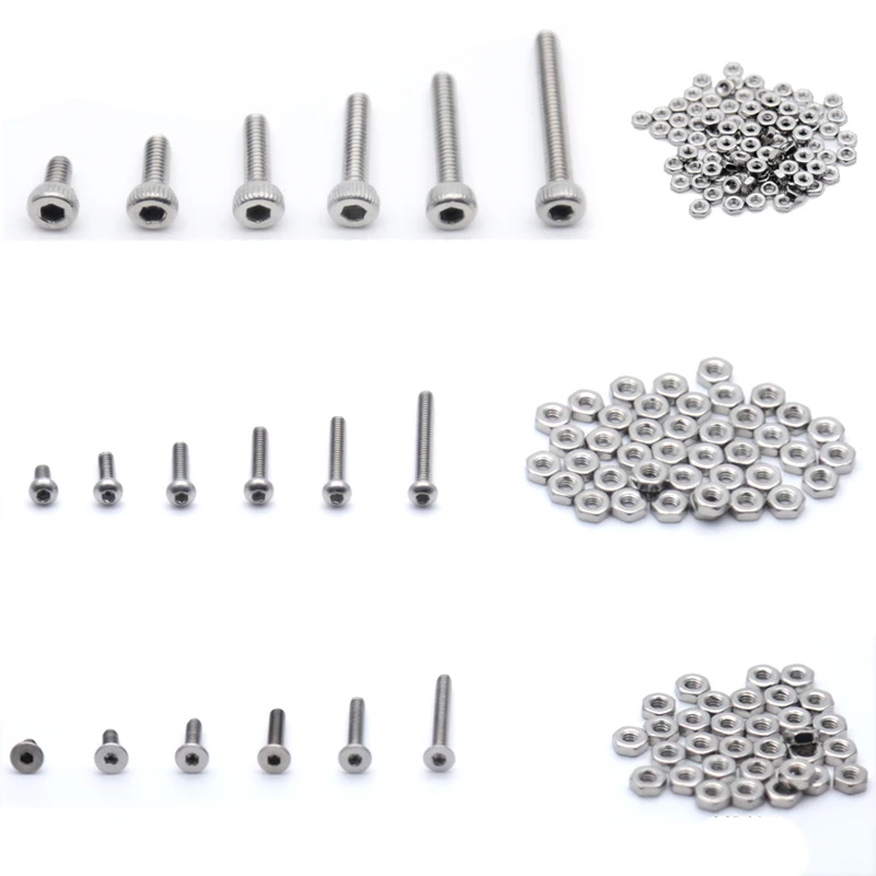 250pc/set Assortment Kit Set A2 Stainless Steel Hex Socket Screw Bolt Nut M2 Cap/Button/Flat Head Assortment Kit