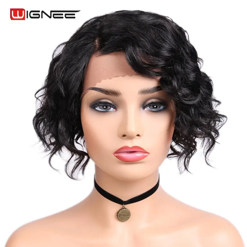 Wignee Remy Brazilian Hair Side Part Lace Human Hair Wigs For Black Women Glueless Hair Short Pixie Cut Curly Lace Human Wigs