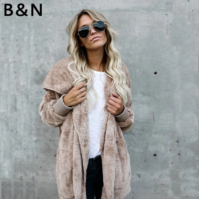 Buenos Ninos Faux Woolen Cardigan Women Winter Hat Coat Reversible Tops Girls Loose Casual Light Warm Long Solid Clothes | Женская