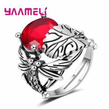 

925 Sterling Silver Luxury Fashion Blue/Red/Green Round Crystal Leaf Ring Jewelry CZ For Women Thanksgiving Gift