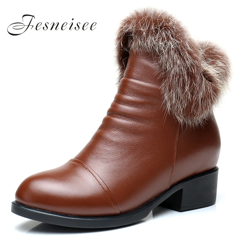 

New fashion cowhide rabbit fur girls winter short ankle snow boots for women winter zipper square heels shoes high quality M4.0