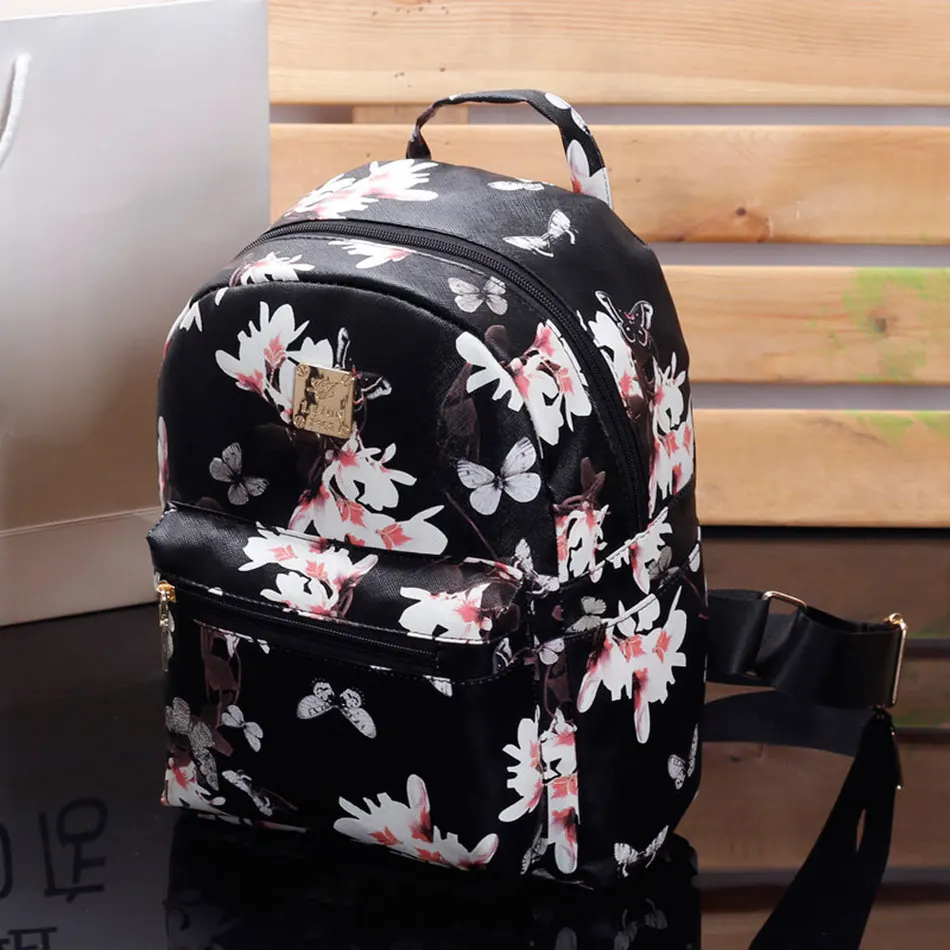Women Cute School Bags Backpack Mini 2016 Fashion Back Pack Floral Printing Black Small PU Leather Backpack For Teenagers Girls(China (Mainland))