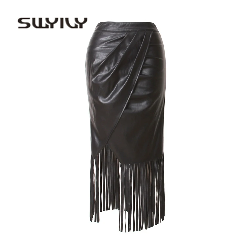 Buy SWYIVY PU Leather Skirt Woman Long Tassel Sexy