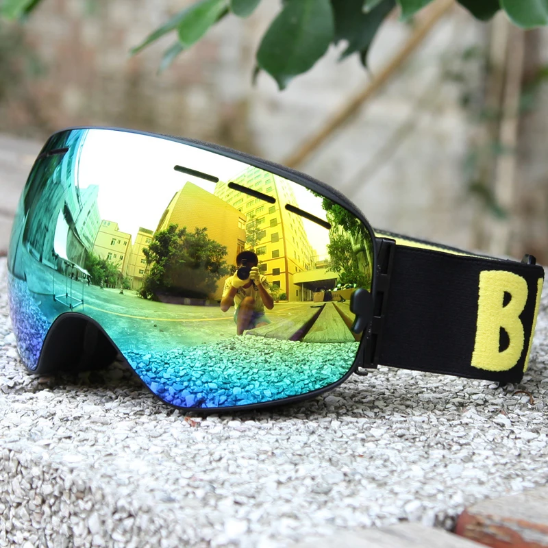 В коробке HD Лыжные очки двойные противотуманные снежные очки для сноуборда UV400 большие сферические лыжные очки совместимые очки для близорукости для взрослых - Цвет: Черный