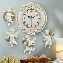 Horloge murale suspendue en résine de type Europe angel ofing, 4 pièces, décoration pour la maison, suspension, numérique, horloge pour chambre silencieuse