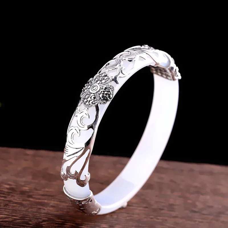 Silver Handmade Natural White Jade Bangles