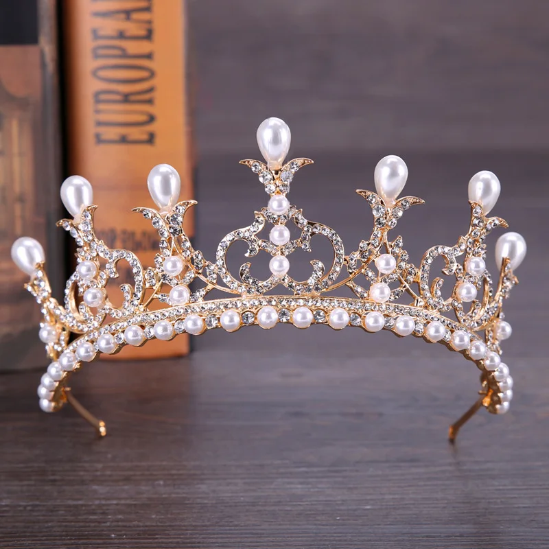 High Quality Sparkly Rhinestone Princess Crown Classic Simulated Pearl Bridal Tiara Wedding