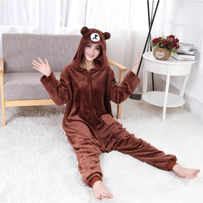 Коричневый медведь Onesie взрослых кигуруми заяц Кигуруми толстые фланелевые