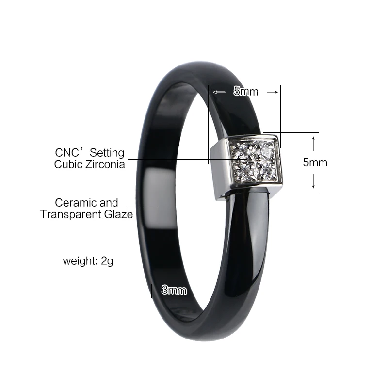 Elegant 3mm Wide Ceramic Women Rings Classic Black White Cute Pink Fashion Bling Crystal Ring Lady Girls Wedding Engagement Gift