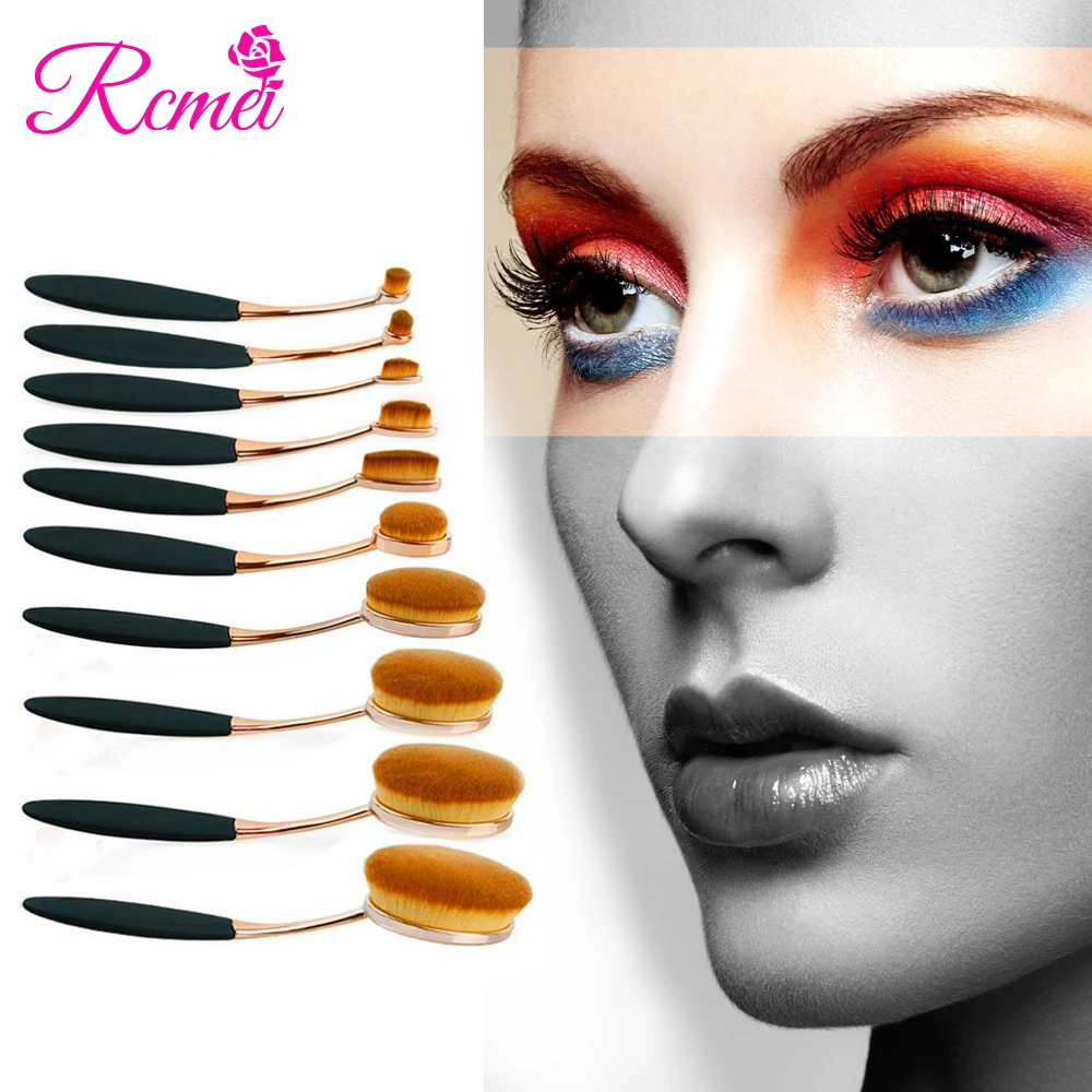 

Hot Makeup Brush Set Black Rose Gold 10pcs/set Tooth Brush Shape Oval BB Cream Foundation Powder Cosmetics Applying Brush Kit