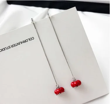 

2019 New Pendientes Brinco Brincos Han Edition Temperament E641 Long Lines To Ear Contracted Beads Cherry Earrings Wholesale