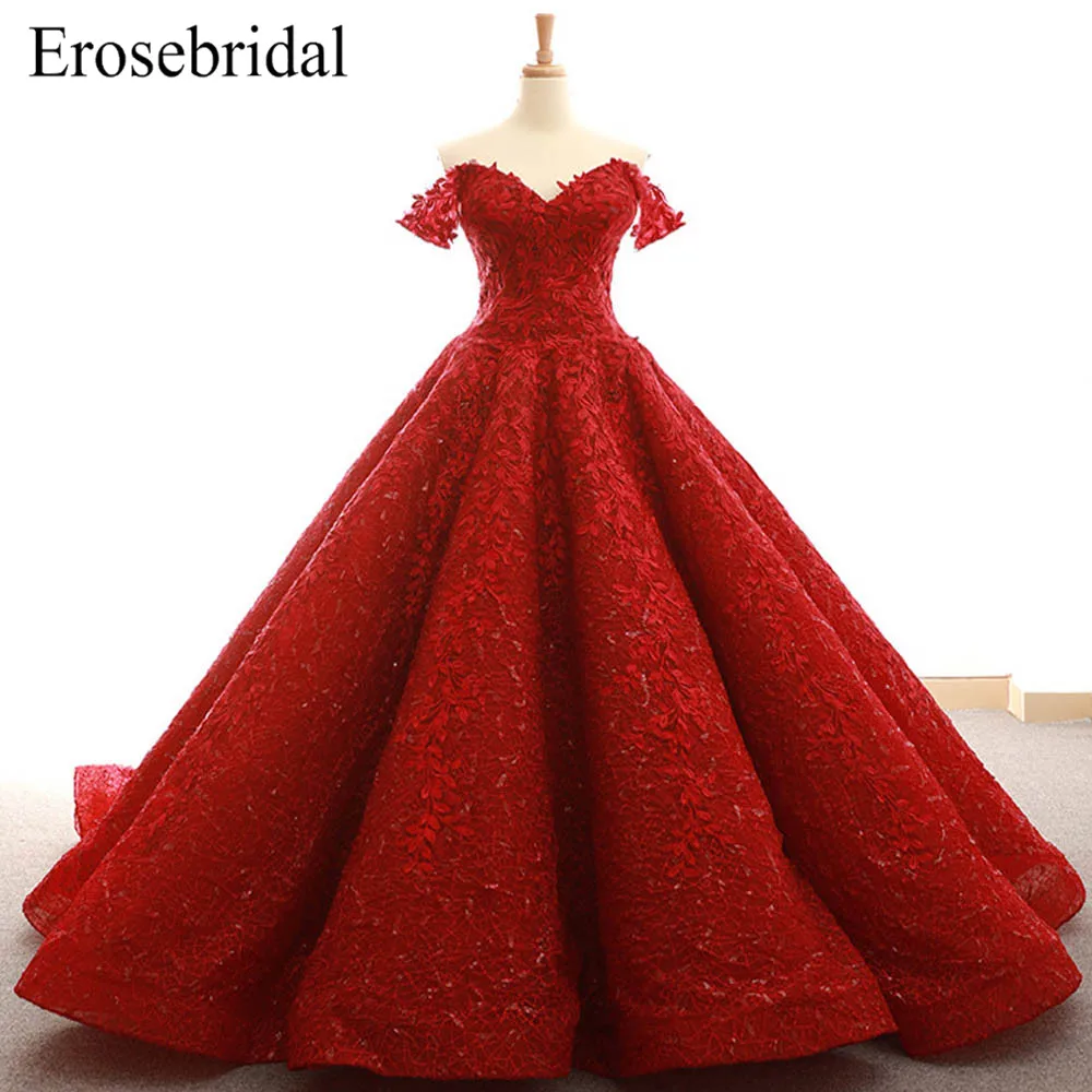 

2019 Red Lace Ball Gown Evening Dress Fancy Embroidery Appliques Evening Gown Elegant Lace Up Back with Court Train Z6-263