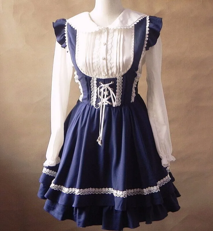 Lange mouw knielange jarretel rok katoen classic lolita outfit party uniform dress cosplay kostuum