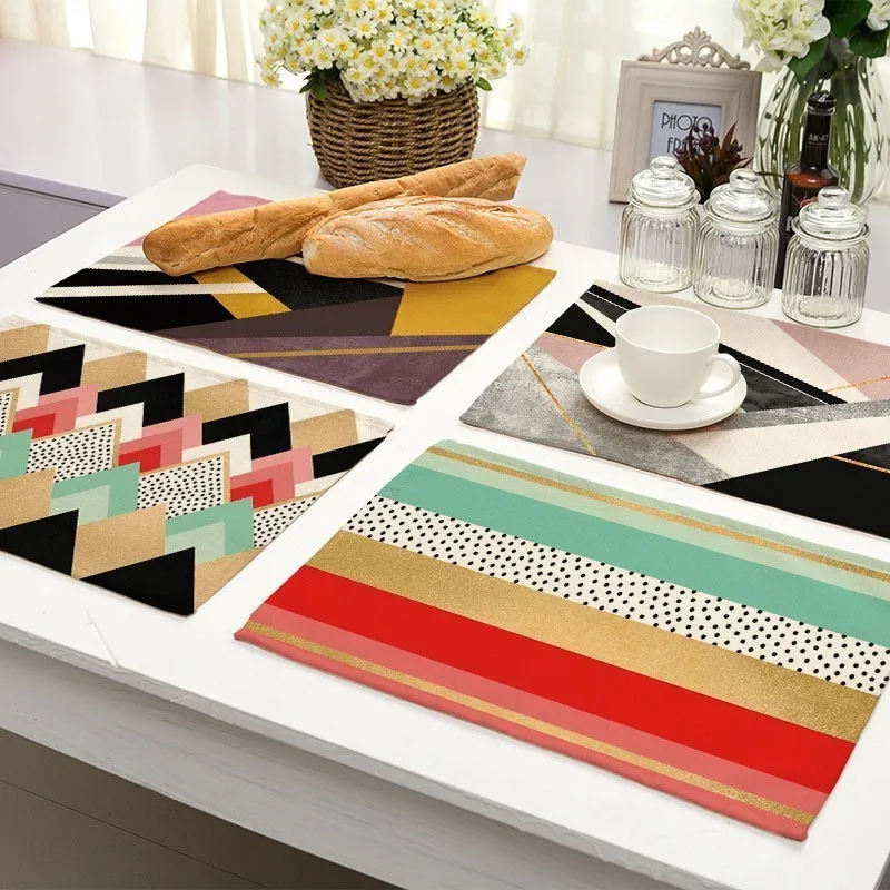 

1Pcs Colorful Geometric Stripe Kitchen Placemat Dining Table Mat Coaster Cotton Linen Pads Cup Mats 42*32cm Home Decor MG0031