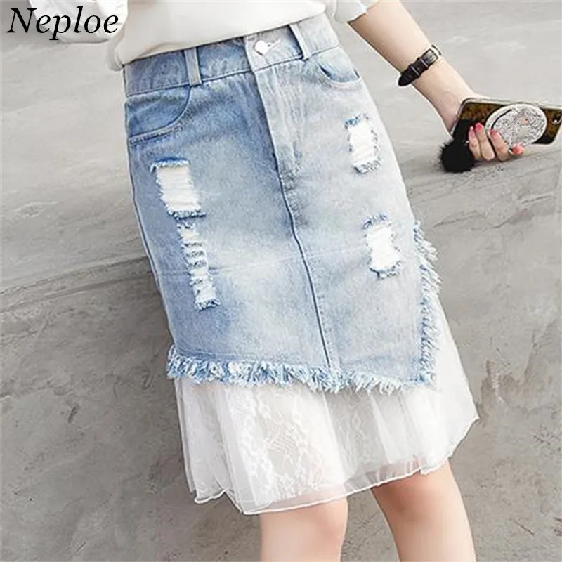 

Neploe Women Denim Skirts 2019 Korean New Fashion High Waist Asymmetrical Knee-Length Jupe Lace Patchwork Slim Hole Skirt 67318