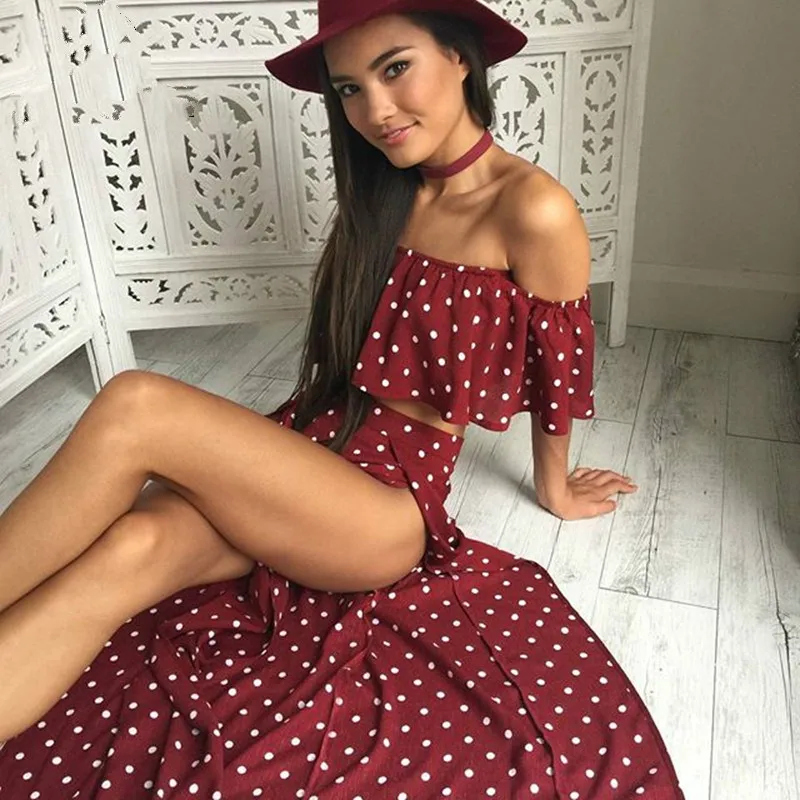 Красное винтажное длинное платье в горошек с открытыми плечами Lily Rosie Girl женское летнее Шифоновое Платье макси с рюшами сексуальные пляжные платья Vestidos
