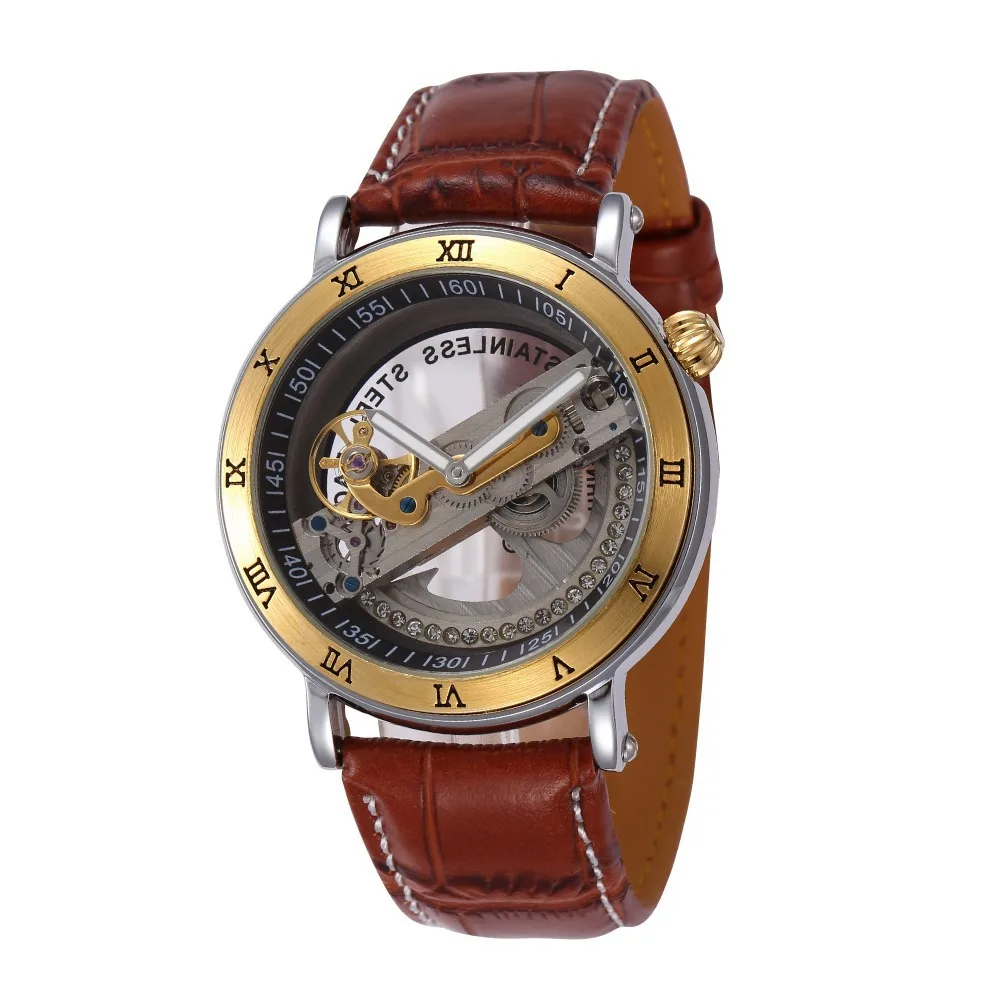 High Quality Genuine Leather Men Mechanical Hand Wind Watch Gold