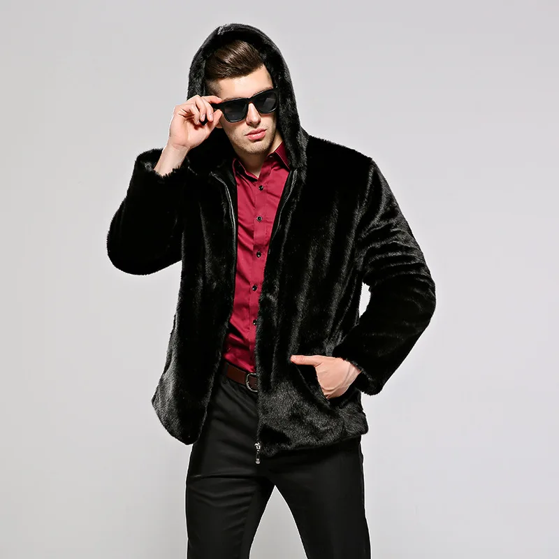 European Fashion Mens Faux Fur Outwear Coats Business Casual Winter Warm Black Jackets Male Slim Fit Mink Fur Coat Plus Size 4XL