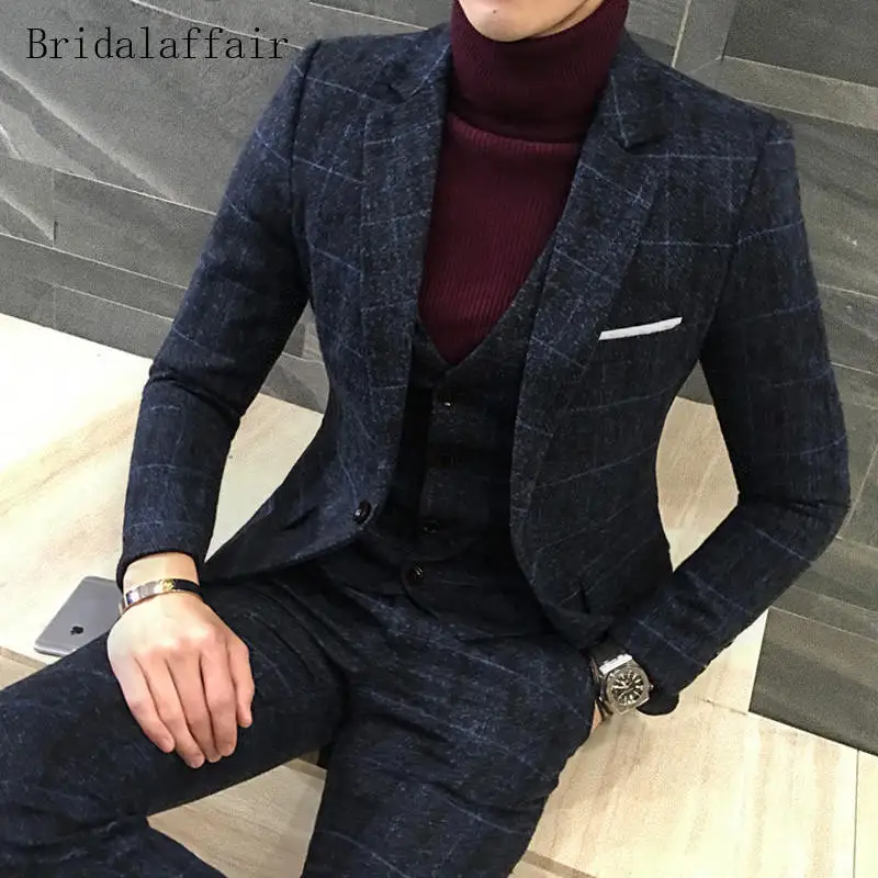 Bridalaffair мужской костюм, приталенный твидовый серый клетчатый мужской костюм, повседневный модный мужской смокинг(пиджак+ брюки+ жилет), костюм из 3 предметов - Цвет: Тёмно-синий