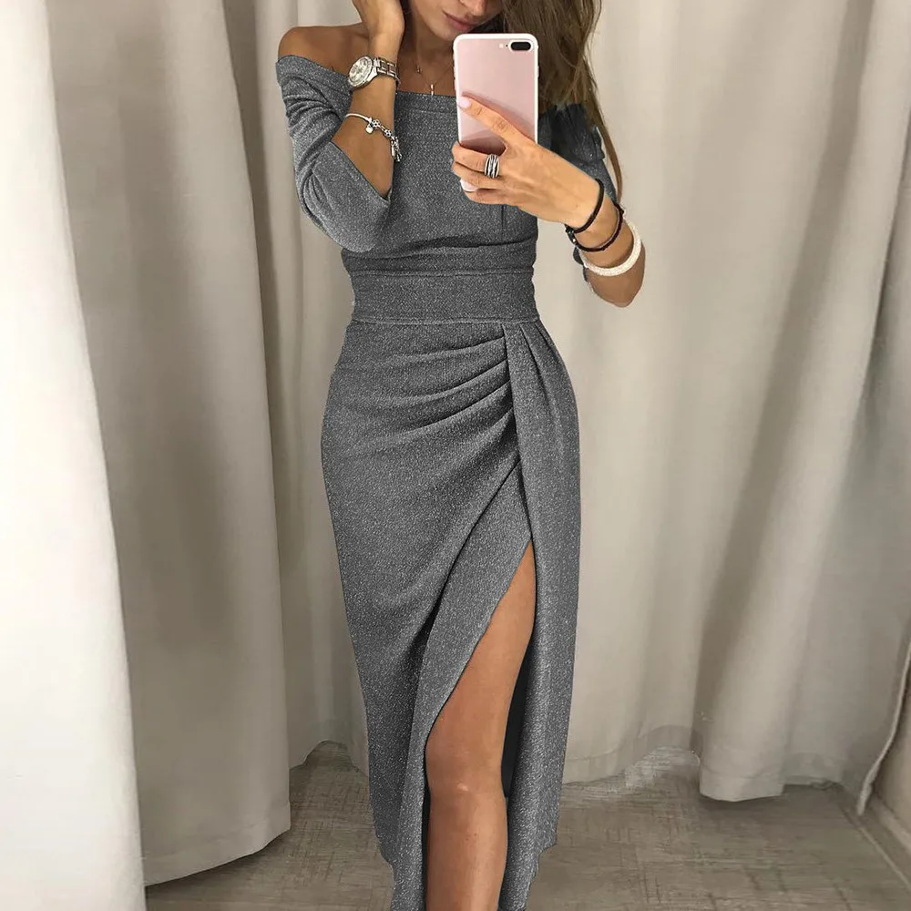 

Sexy Off Shoulder Party Dress Bright Silk Shiny Dresses Women's Long Sleeve High Waist Vintage Shiny Slit Bodycon Dress vestido