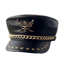 Мотоциклетная Клубная шляпа из натуральной кожи, панк-рок, с заклепками, темно-синяя шляпа, скелет, пиратский значок, овчина, военные шапки