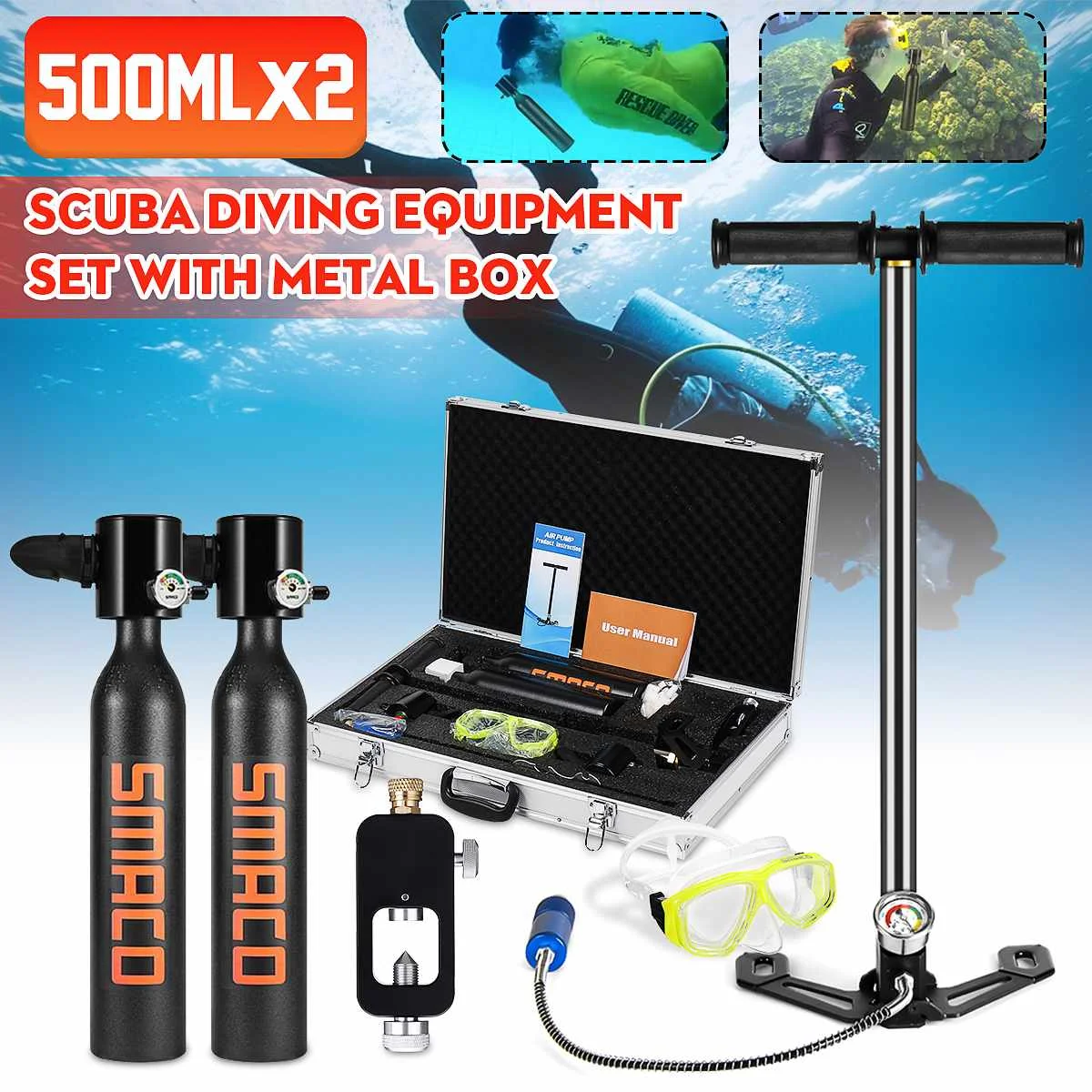 

6 in 1 500ml Diving System Mini Scuba Cylinder Scuba Oxygen Reserve Air Tank Pump Aluminum Box Snorkeling Diving Equipment Set